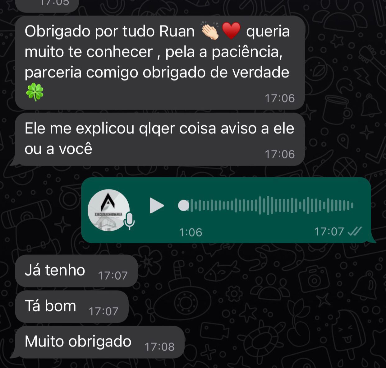 Mensagem do cliente Ruan agradecendo