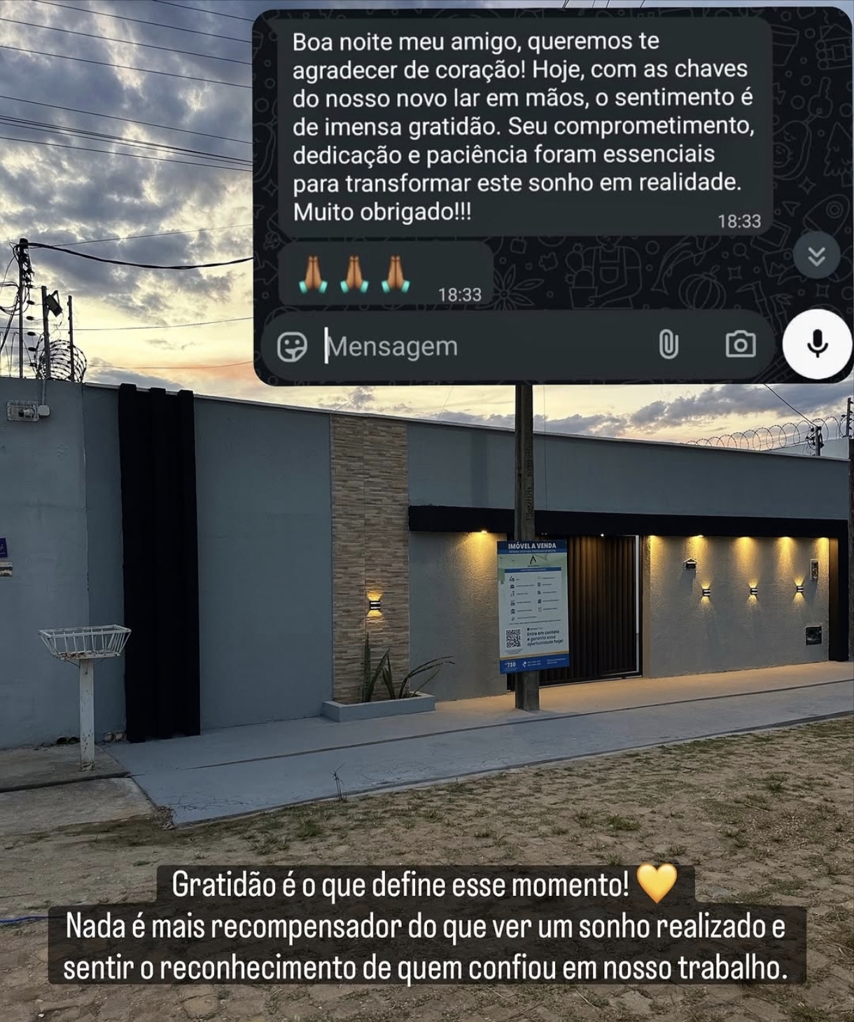 Mensagem agradecendo pela conquista da casa